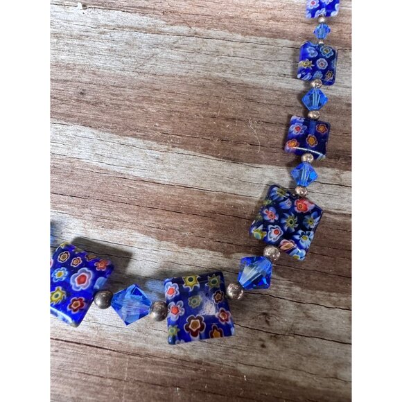 Handcrafted Millefiori Glass Necklace With Adjustable Chain & Floral Blue Beads - Picture 3 of 6